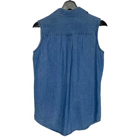 Vintage 90s Blue Denim Crochet Trim Collared Sleeveless Button Up Top Small - Picture 2 of 6